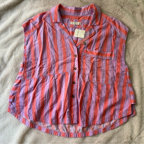 NWT Free People We the Free Play It Cool Linen Striped Shirt Sorbet Combo Size S - Picture 8 of 8